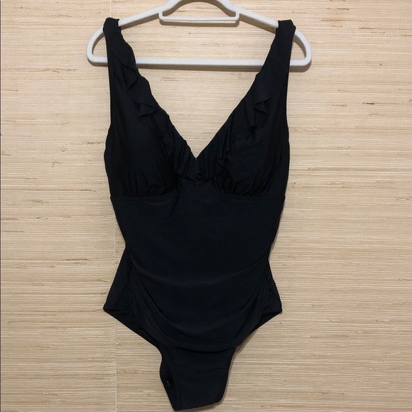 DKNY Black Ruffle V-neck One Piece Swimsuit size 16 - Picture 2 of 9